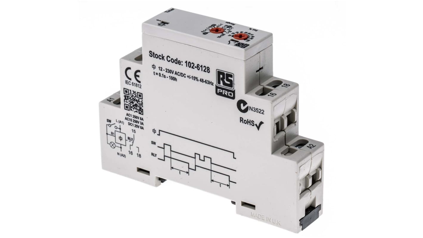 RS PRO 时间继电器, 12 → 230V 交流/直流电源, 0.1 s → 100h范围
