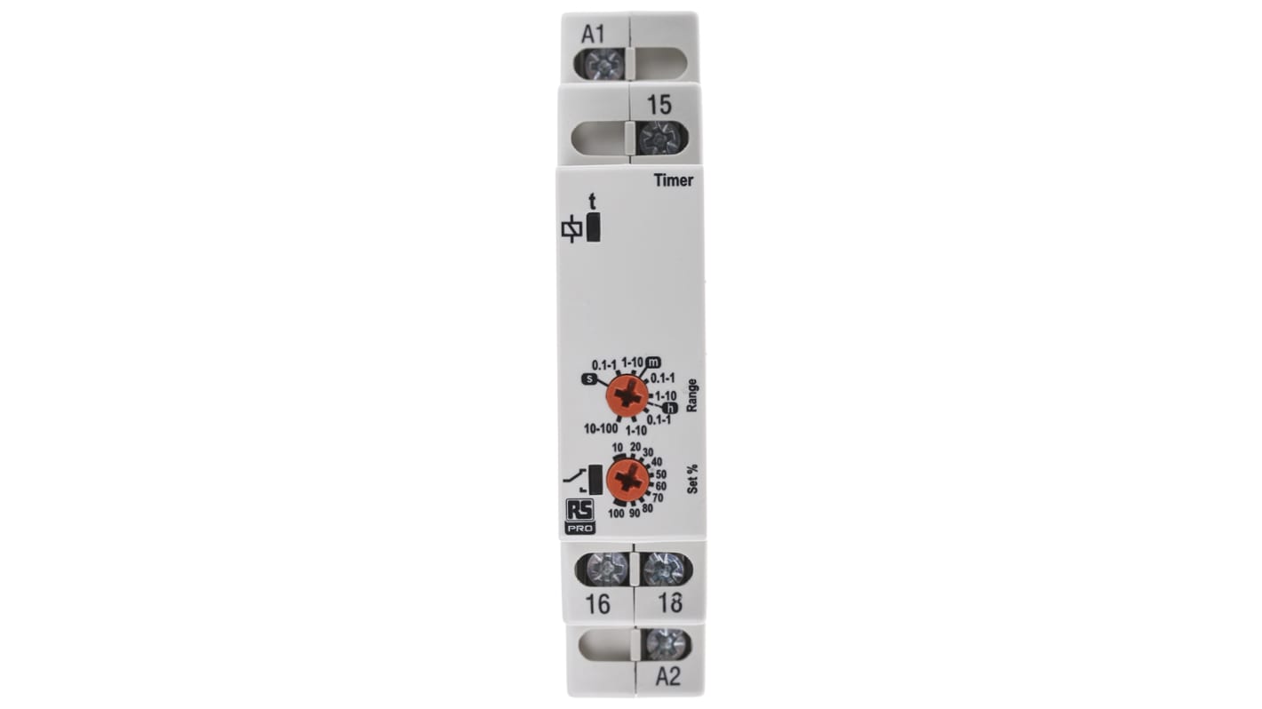 RS PRO DIN Rail Mount Timer Relay, 12 → 230V ac/dc, 0.1 s → 100h, SPDT