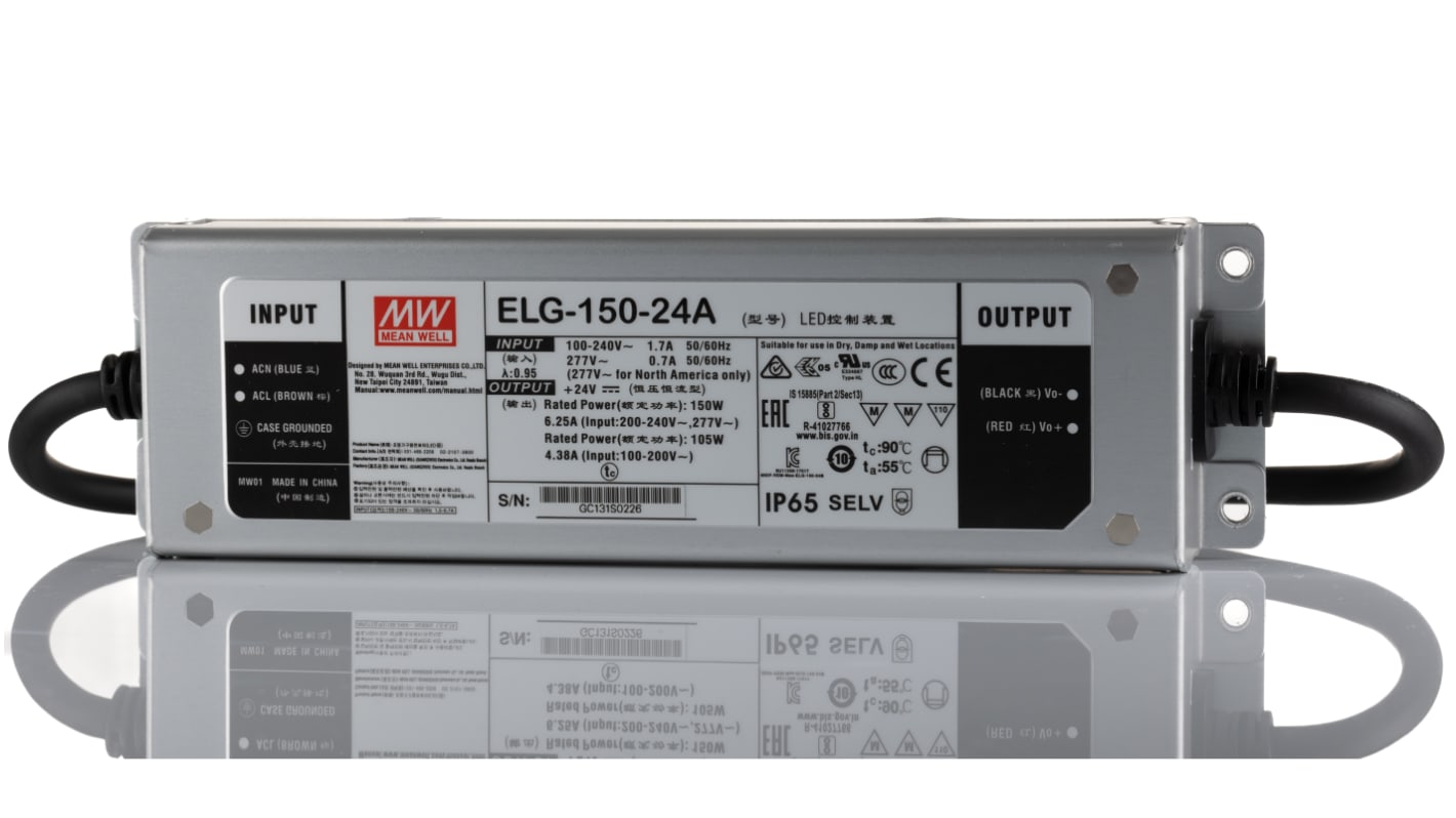 MEAN WELL LED Driver, 24V Output, 150W Output, 6A Output, Constant Current / Constant Voltage Dimmable