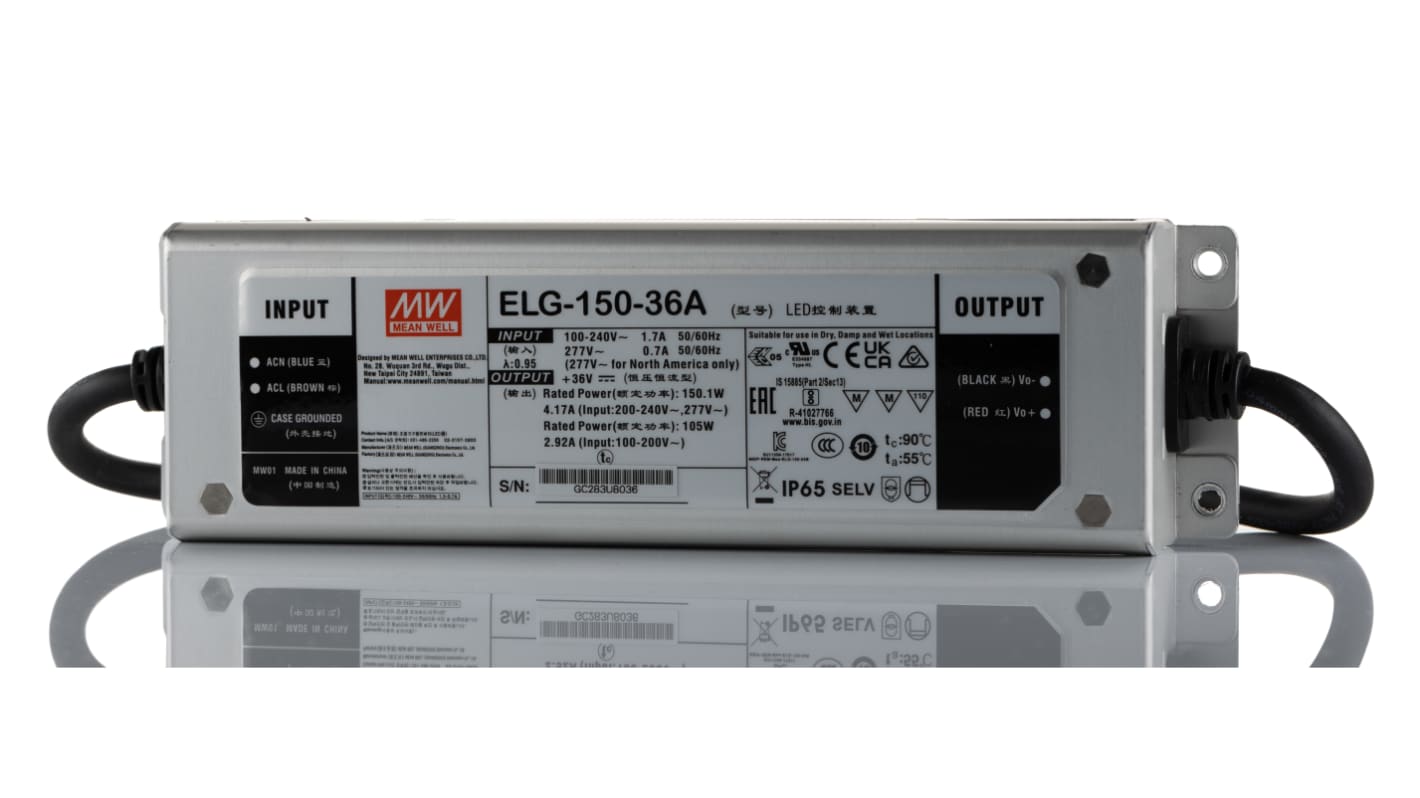 Driver LED corriente/tensión constante MEAN WELL ELG-150 de salidas, IN: 180 → 305 V ac, 254 → 431 V dc,