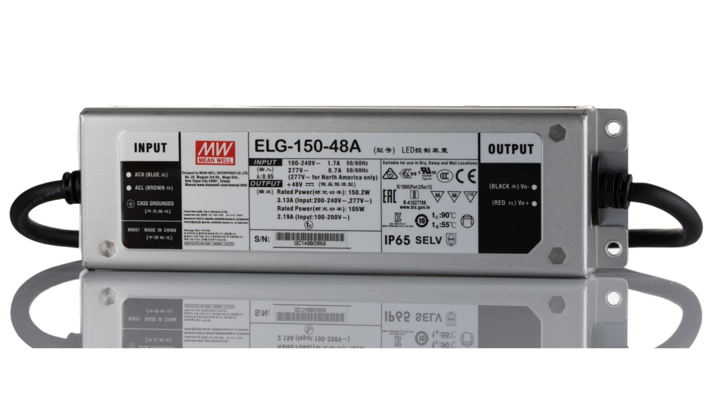 MEAN WELL 150W LED驱动电源, 交流，直流输入, 输出48V 3A, 可调光, IP65, ELG-150系列