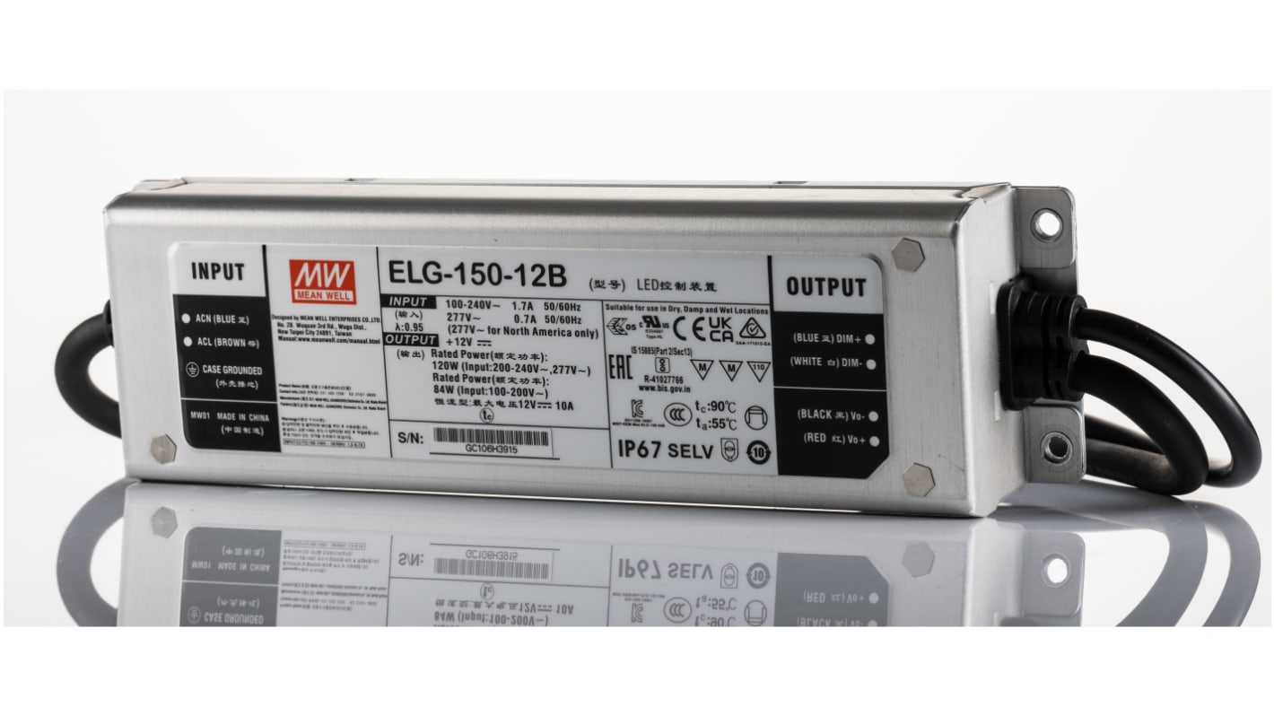 Driver LED Mean Well, 150W, IN 180 → 305 V ac, 254 → 431 V dc, OUT 12V, 10A