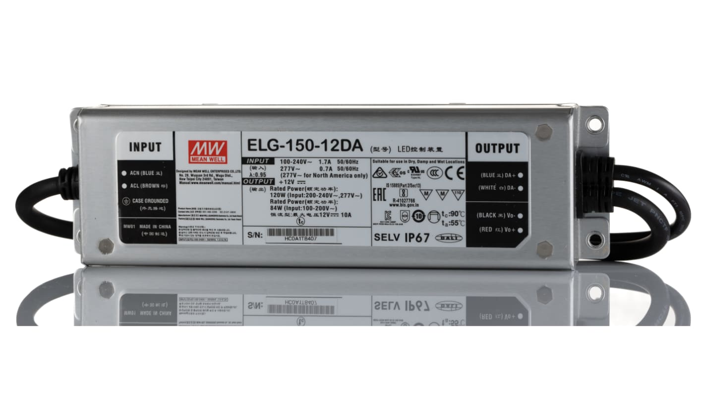 MEAN WELL 120W LED驱动电源, 交流，直流输入, 输出12V 10A, 可调光, IP67, ELG-150系列