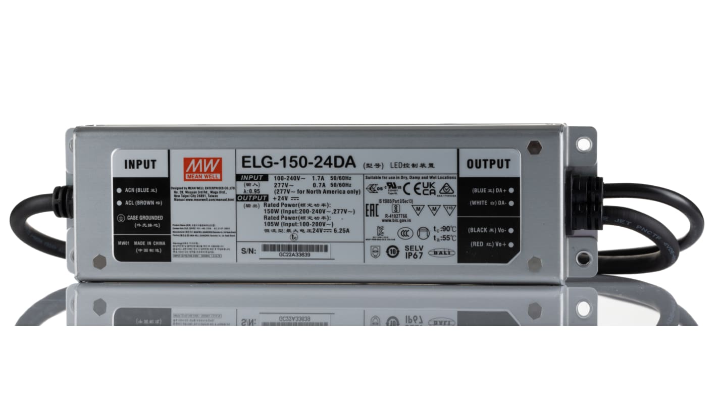 MEAN WELL LED Driver, 24V Output, 150W Output, 6A Output, Constant Current / Constant Voltage Dimmable