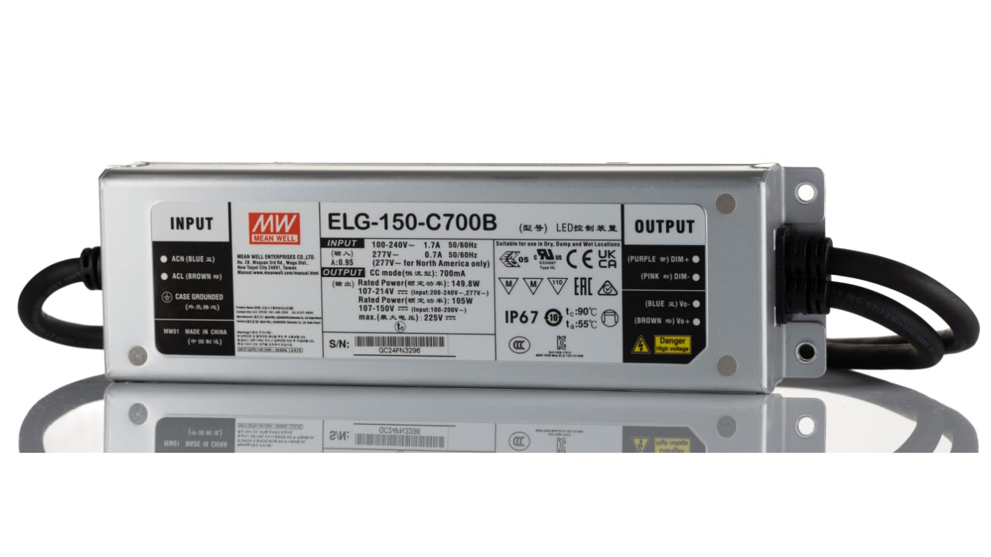 Driver LED Mean Well, 150W, IN 180 → 295 V ac, 255 → 417 V dc, OUT 225V, 700mA