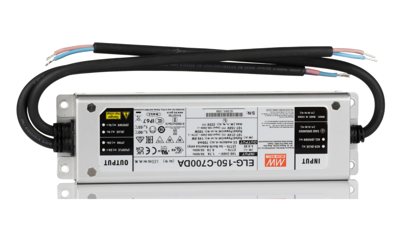 MEAN WELL LED Driver, 225V Output, 150W Output, 700mA Output, Constant Current Dimmable