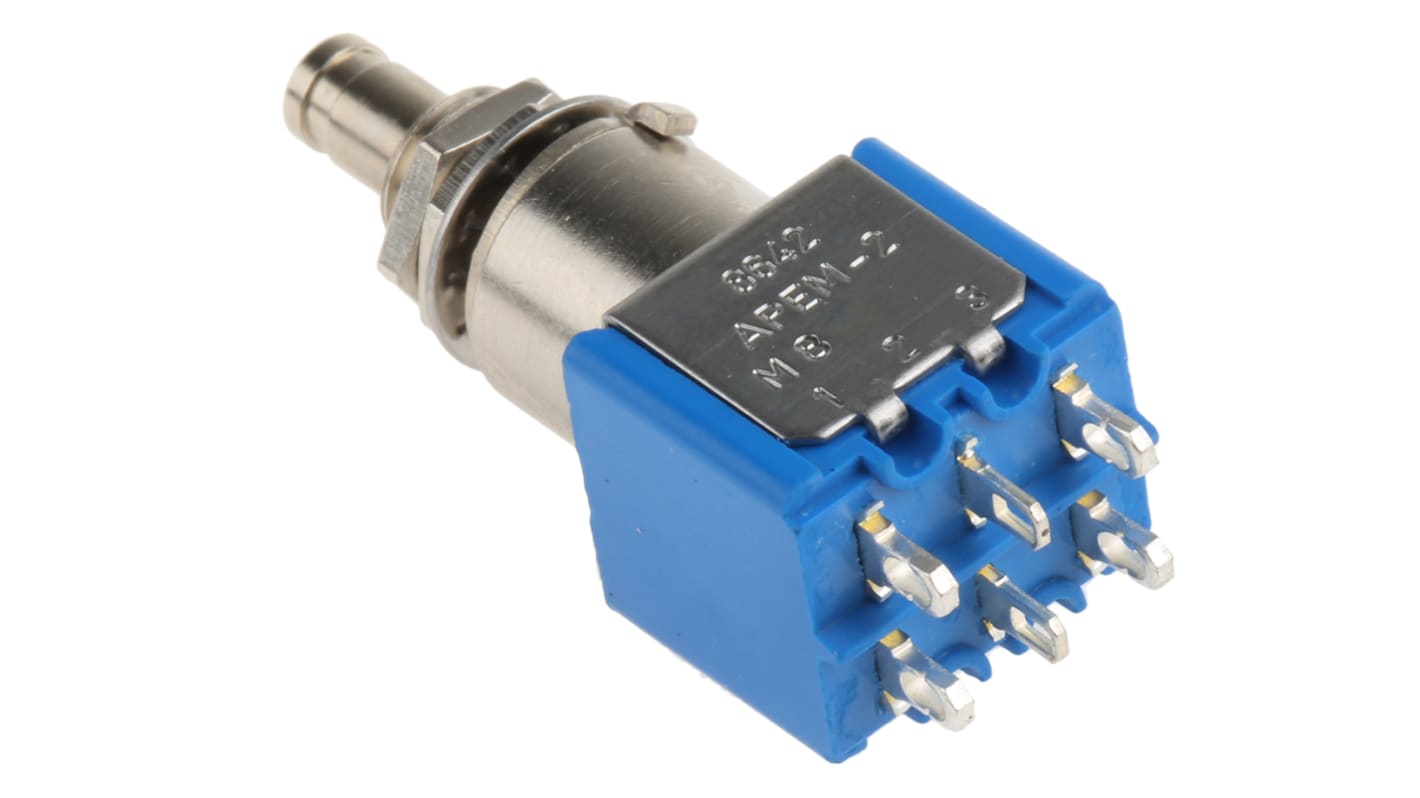APEM Miniature Push Button Switch, Momentary, Panel Mount, 6.5mm Cutout, DPDT, 250V ac