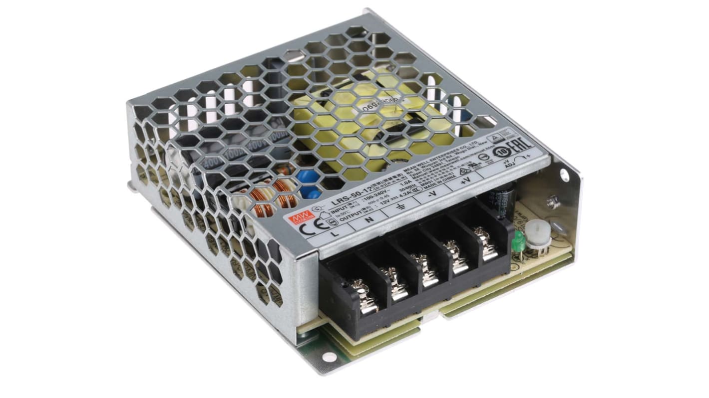 MEAN WELL Switching Power Supply, LRS-50-12, 12V dc, 4.2A, 50W, 1 Output, 120 → 373 V dc, 85 → 264 V ac