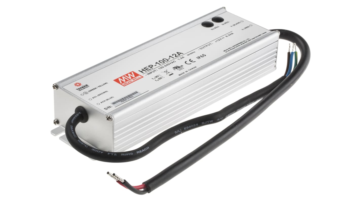 MEAN WELL Switching Power Supply, HEP-100-12A, 12V dc, 8.34A, 100W, 1 Output, 127 → 431 V dc, 90 → 305 V