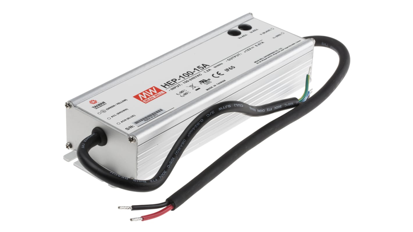 MEAN WELL Switching Power Supply, HEP-100-15A, 15V dc, 6.67A, 100W, 1 Output, 127 → 431 V dc, 90 → 305 V