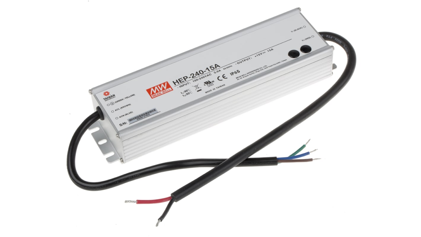 MEAN WELL Switching Power Supply, HEP-240-15A, 15V dc, 15A, 225W, 1 Output, 127 → 431 V dc, 90 → 305 V ac