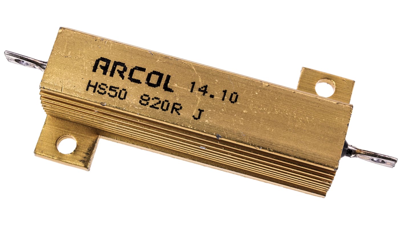 Arcol 铝壳绕线电阻, 820Ω, 50W, ±5%容差, 轴向接端, 最高+200°C, HS50系列