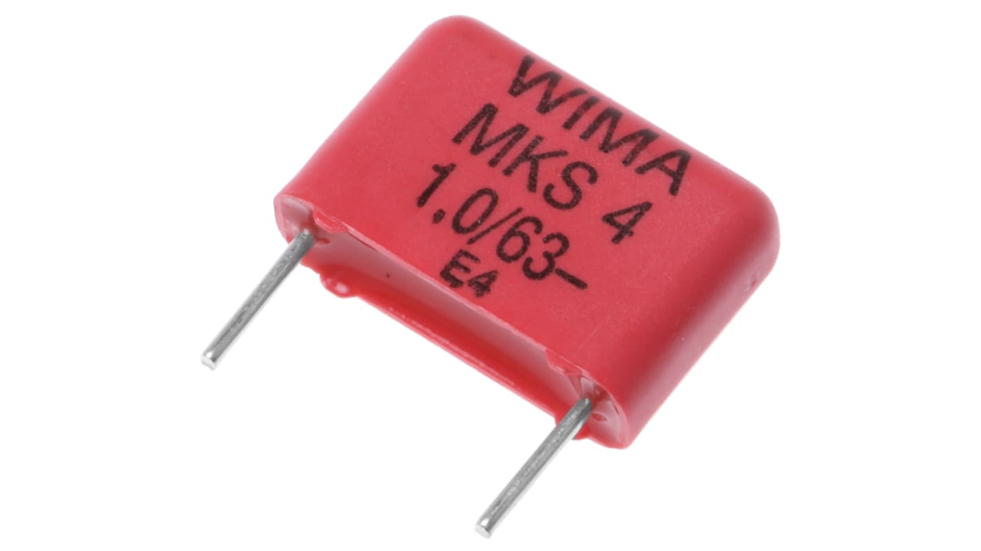 WIMA MKS4 Folienkondensator 1μF ±10% / 40 V ac, 63 V dc, THT Raster 10mm