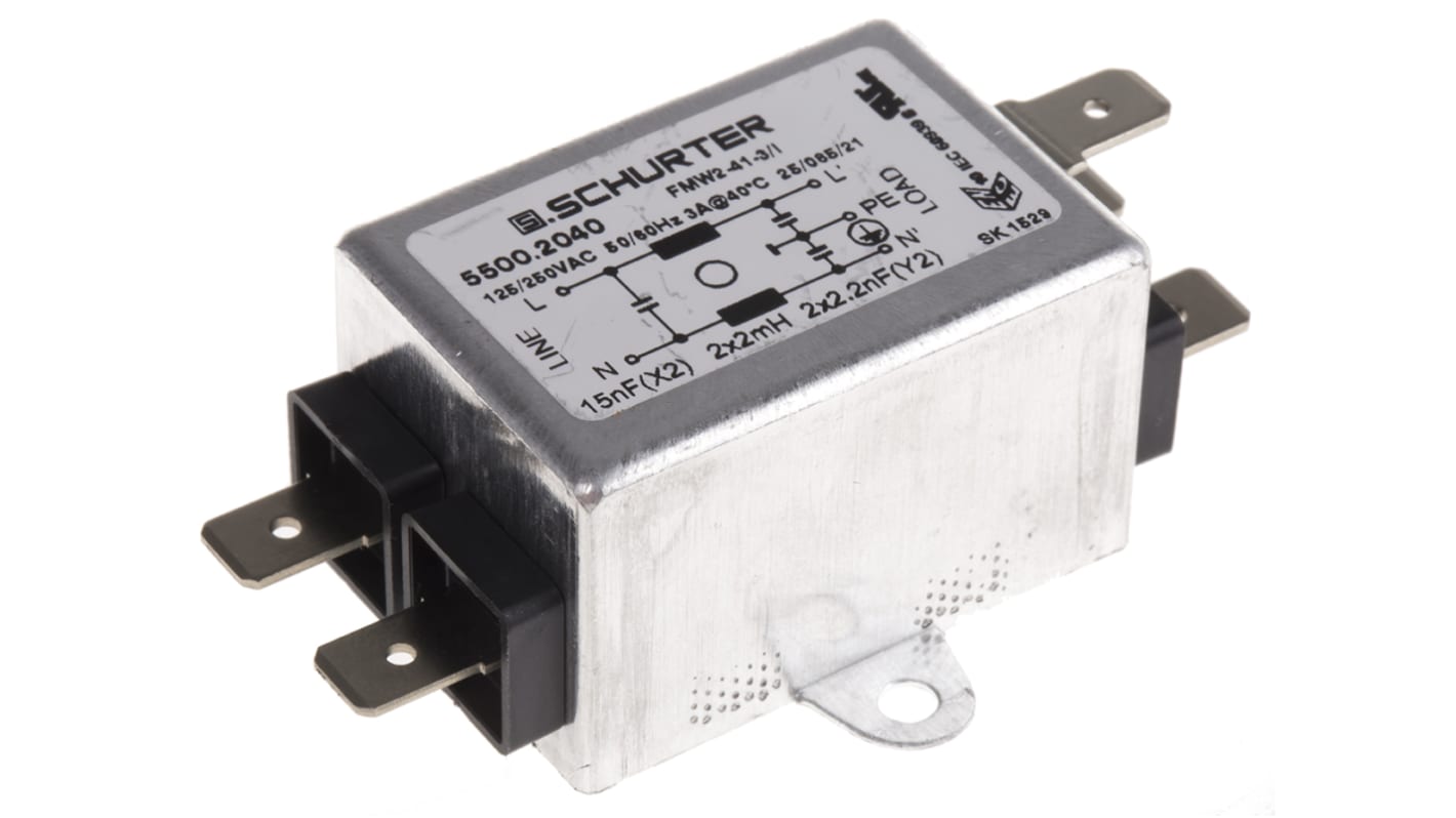 Schurter 单相RFI滤波器, 3A, 250 V 交流, 60Hz, 面板安装, 焊片接端, 一阶, FMW2系列
