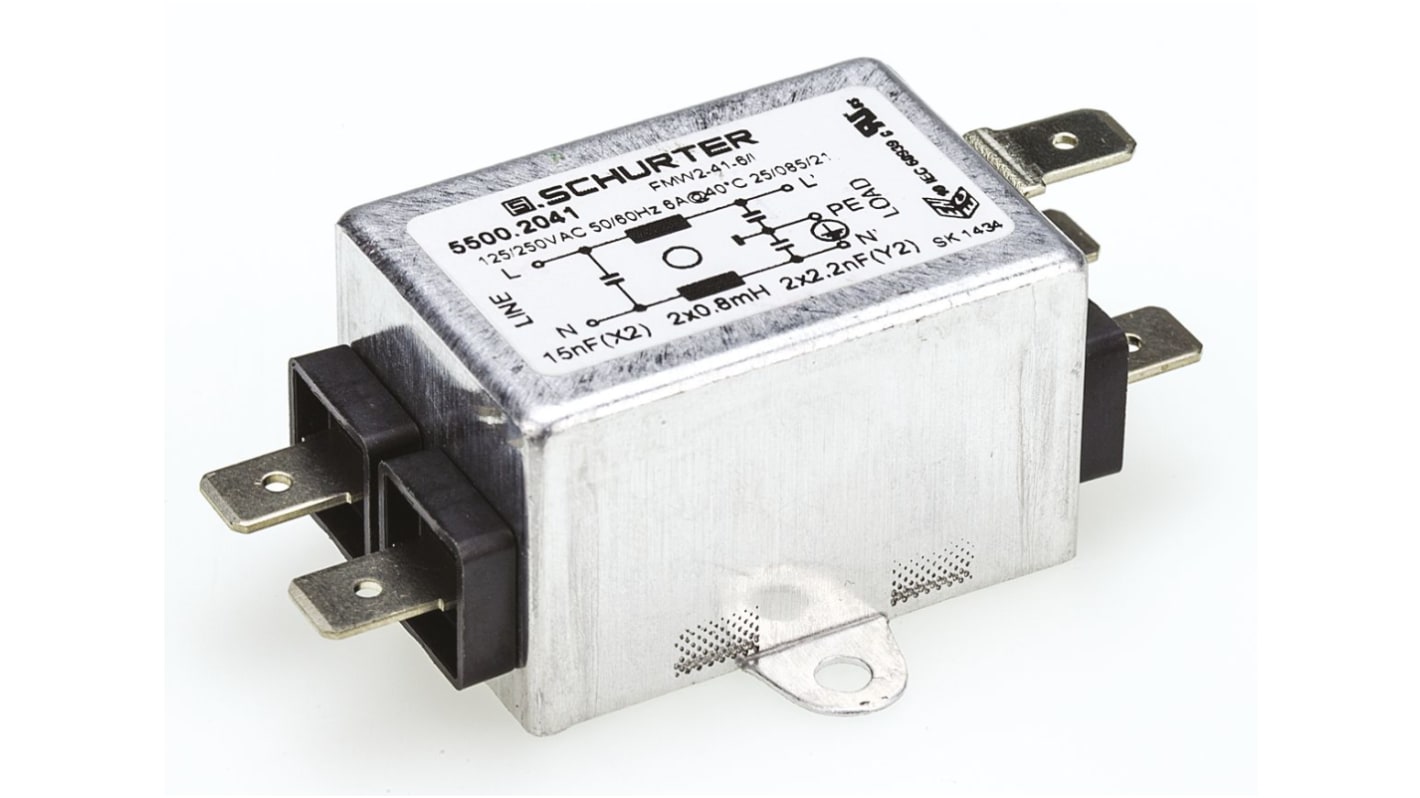 Schurter 单相RFI滤波器, 6A, 250 V 交流, 60Hz, 面板安装, 焊片接端, 一阶, FMW2系列