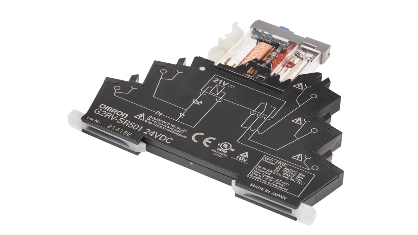 Relé de potencia sin enclavamiento Omron G2RV de 1 polo, SPDT, bobina 24V dc, 6A, Carril DIN