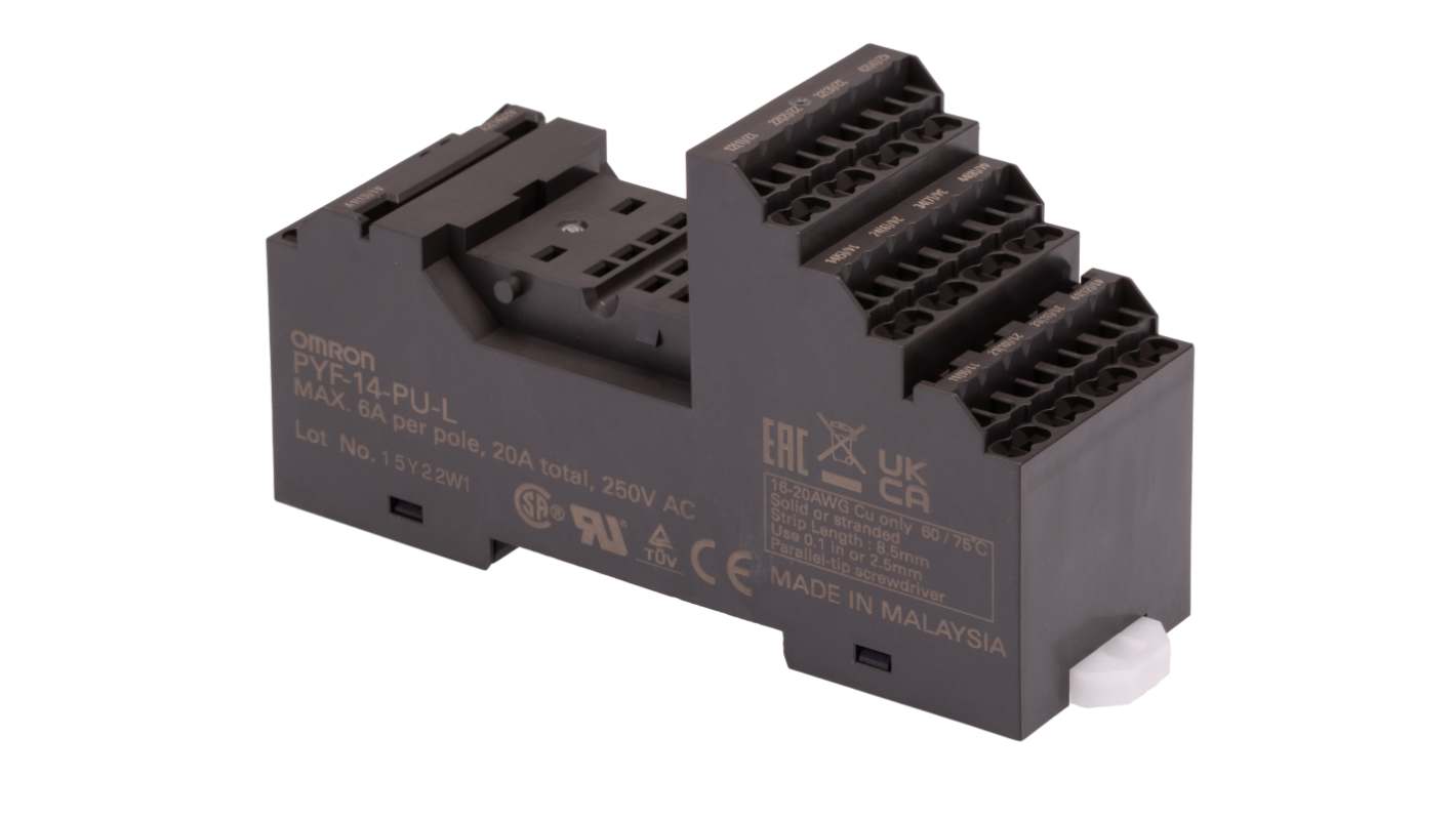 Omron PYF 14 Pin 250V ac DIN Rail Relay Socket, for use with H3Y Series Timer, H3YN Series Timer