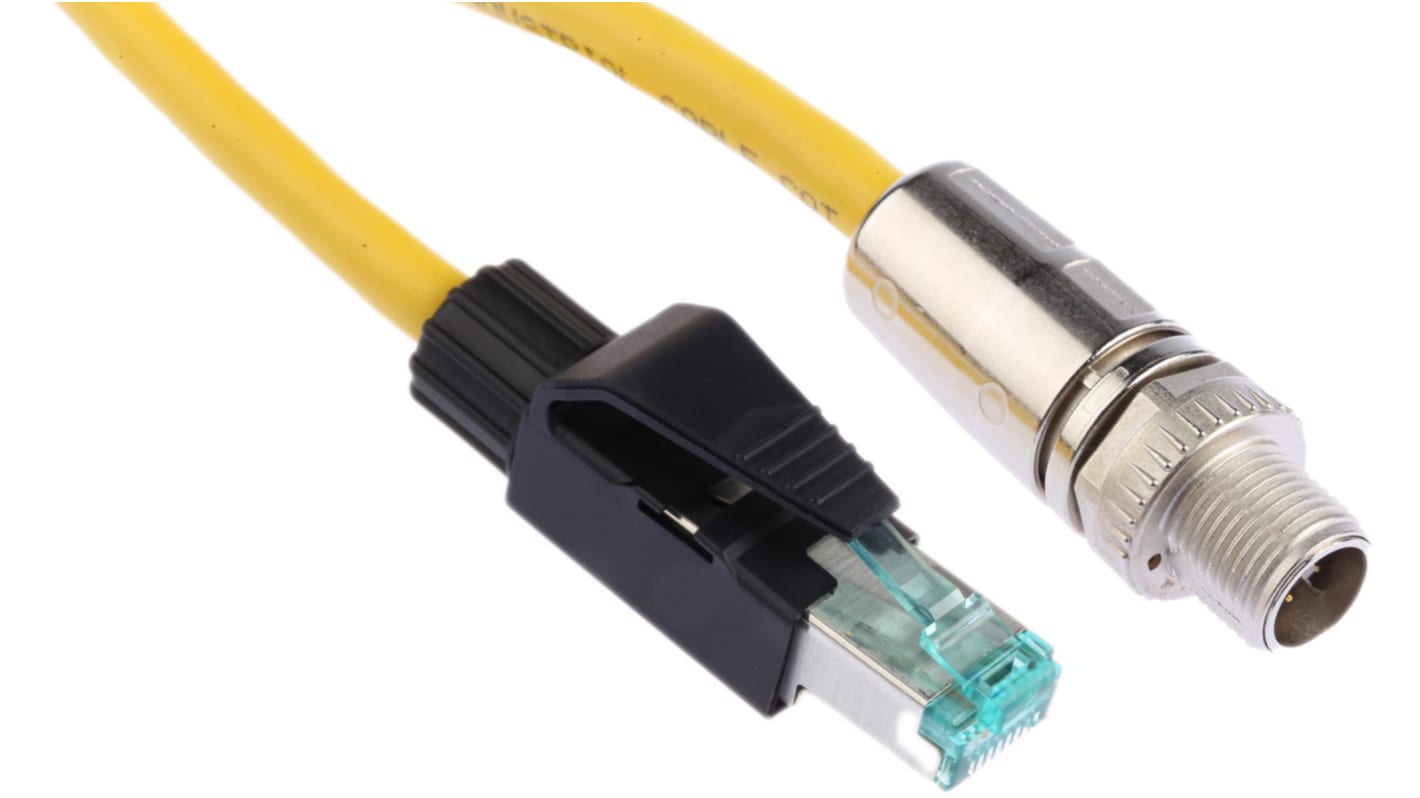 HARTINGM12, 2m Cat6a, Yellow M12 to Male RJ45 Male Shielded, Terminated PUR Sheath