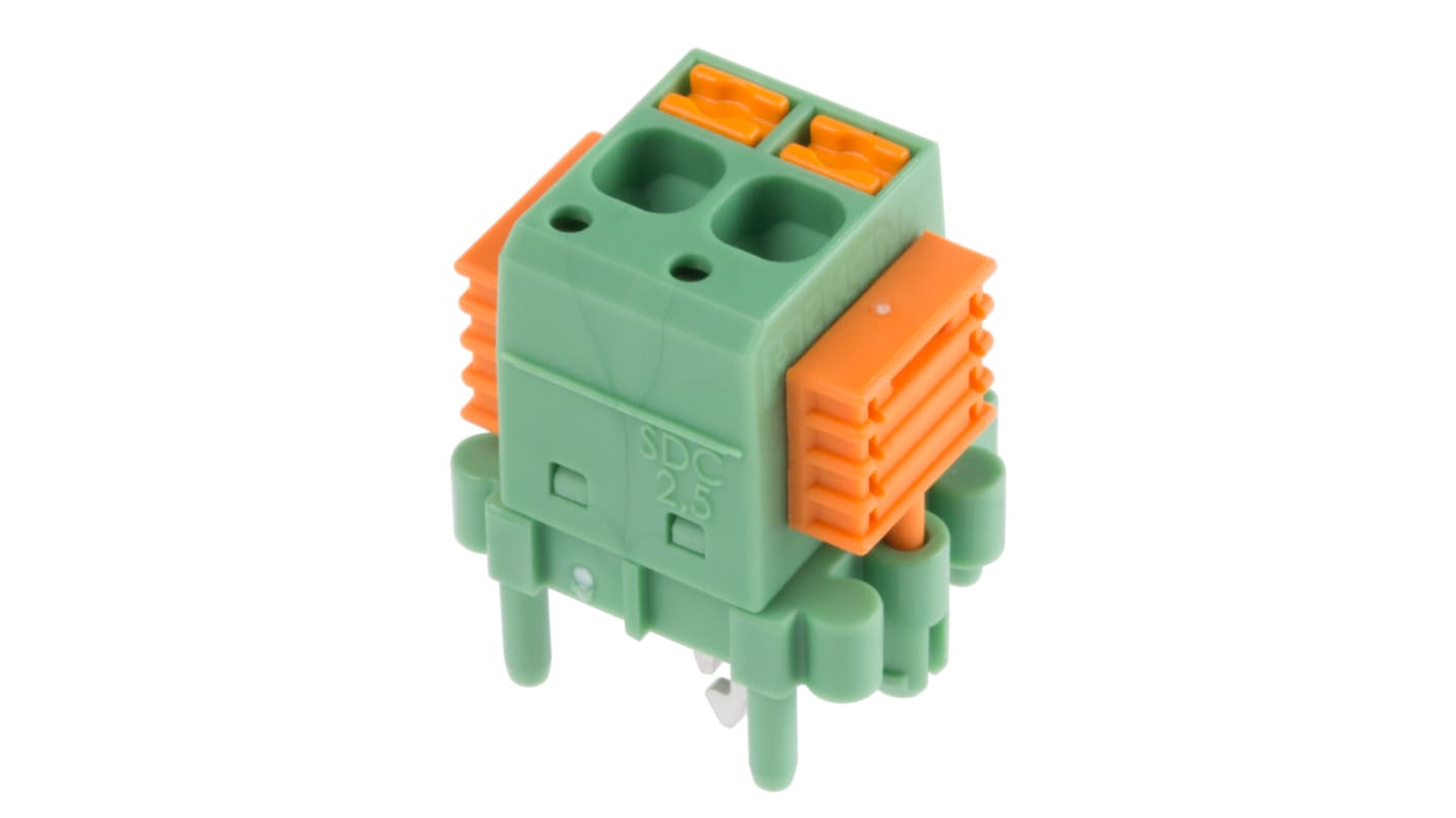 Phoenix Contact SDC 2.5/ 2-PV-5.0-ZB Series PCB Terminal Block, 2-Contact, 5mm Pitch, Through Hole Mount, 1-Row, Screw