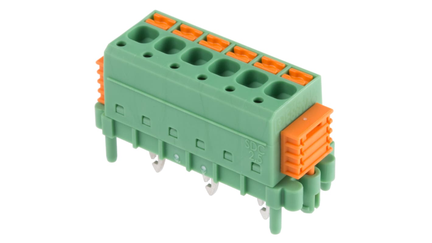 Phoenix Contact PCB端子排, 6p, 5mm间距, 12A, 320 V, THT安装, 螺钉端接, 直向, 绿色, SDC 2.5/ 6-PV-5.0-ZB系列