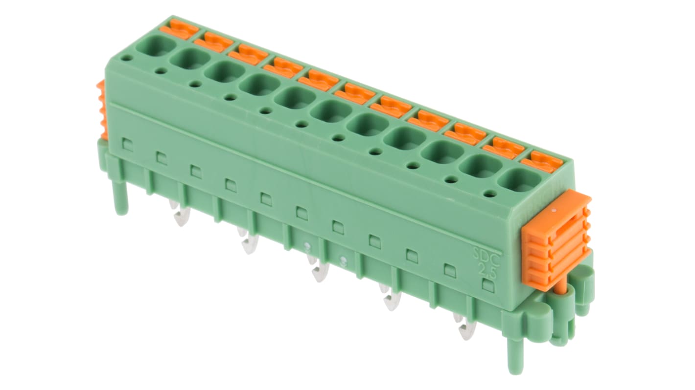 Phoenix Contact PCB端子排, 11p, 5mm间距, 12A, 320 V, THT安装, 螺钉端接, 直向, 绿色, SDC 2.5/11-PV-5.0-ZB系列