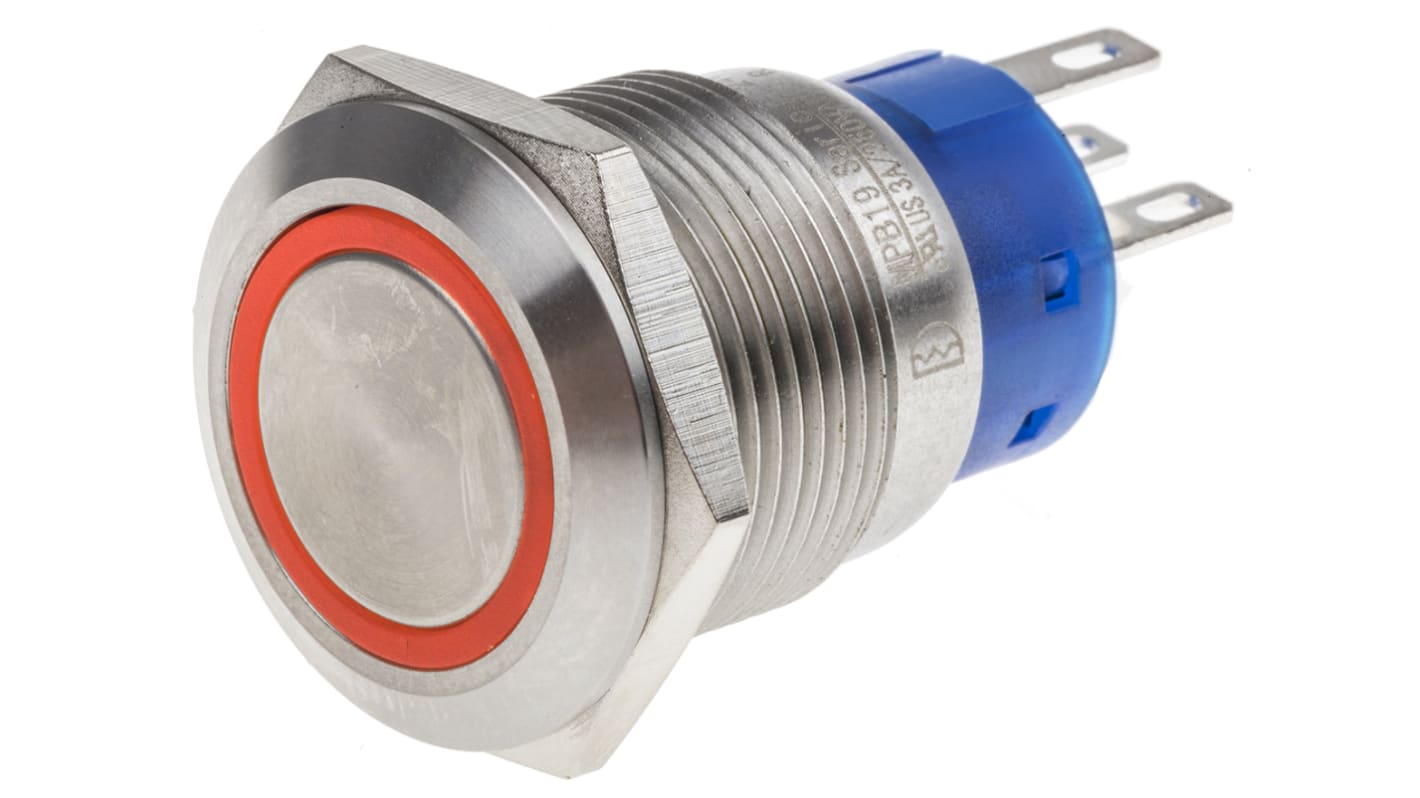 RS PRO Illuminated Push Button Switch, Momentary, Panel Mount, 19.2mm Cutout, DPDT, Red LED, 250V ac, IP67