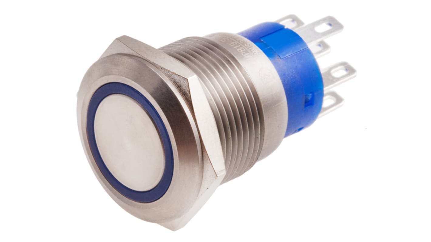 RS PRO Illuminated Push Button Switch, Momentary, Panel Mount, 19.2mm Cutout, DPDT, Blue LED, 250V ac, IP67