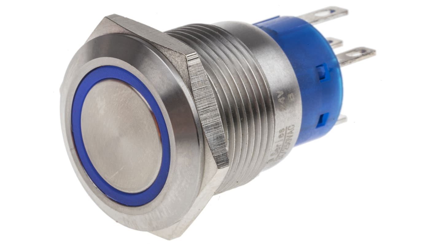 RS PRO Illuminated Push Button Switch, Momentary, Panel Mount, 19.2mm Cutout, SPDT, Blue LED, 250V ac, IP67