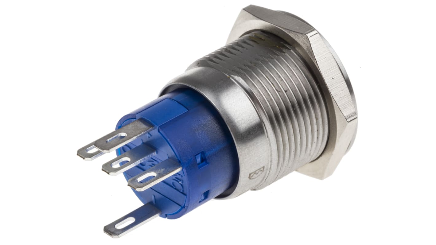Bouton-poussoir, Verrouillable lumineux, LED Bleu, SPDT, 5 A, Montage panneau 24V