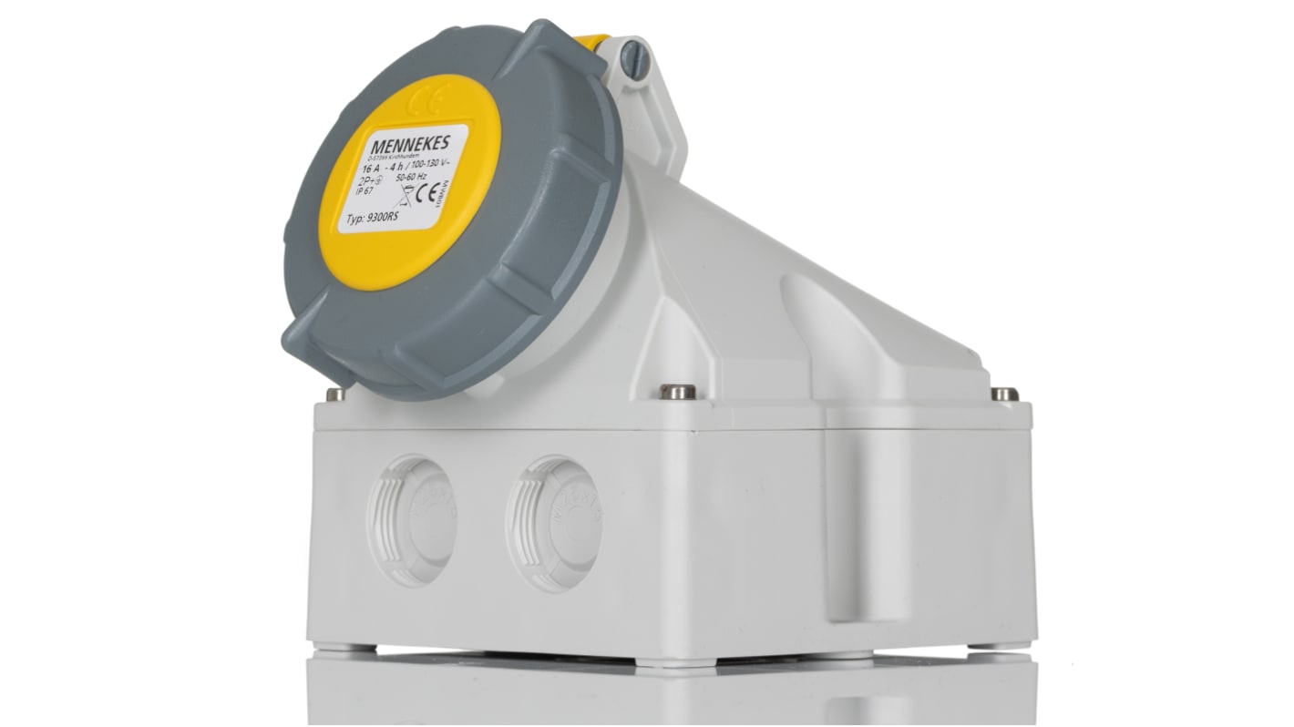 MENNEKES IP67 Yellow Wall Mount 3P 25 ° Industrial Power Socket, Rated At 16A, 110 V