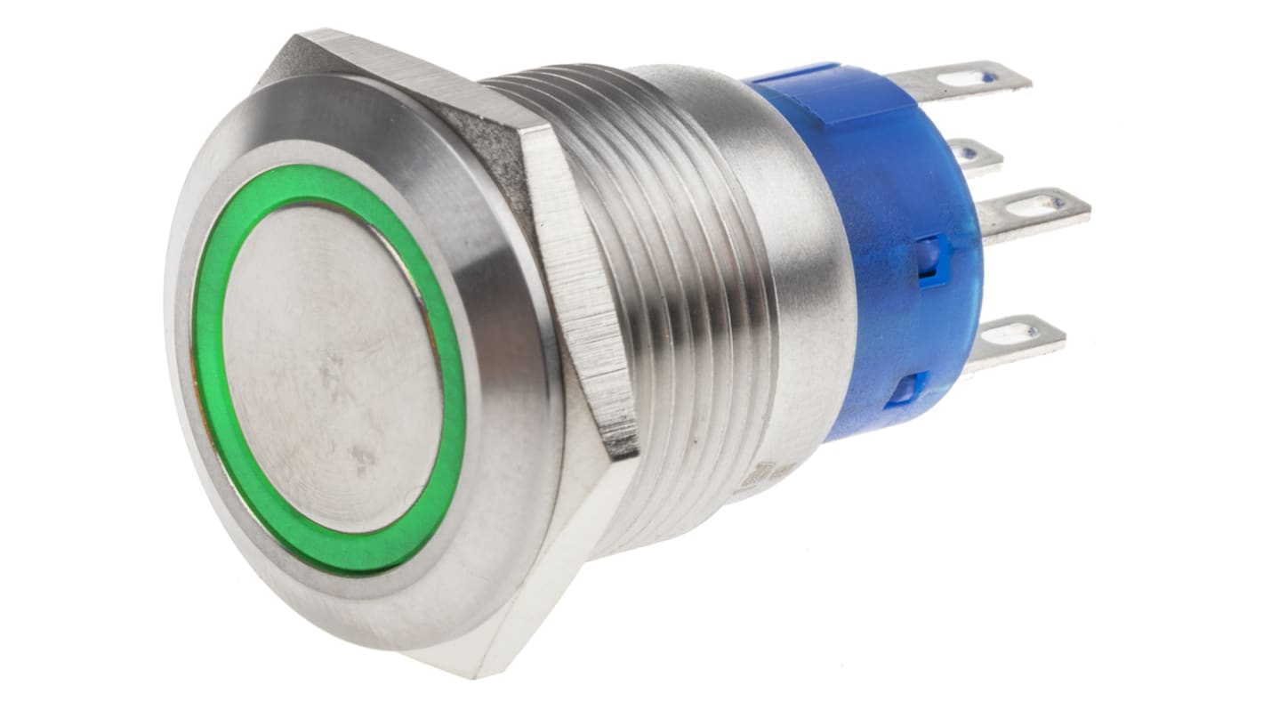 RS PRO Illuminated Push Button Switch, Latching, Panel Mount, 19.2mm Cutout, DPDT, Green LED, 250V ac, IP67