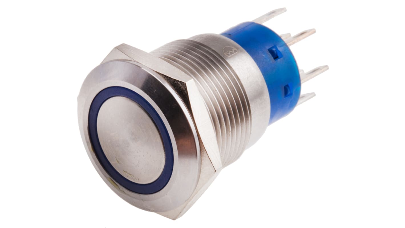 RS PRO Illuminated Push Button Switch, Latching, Panel Mount, 19.2mm Cutout, DPDT, Blue LED, 250V ac, IP67