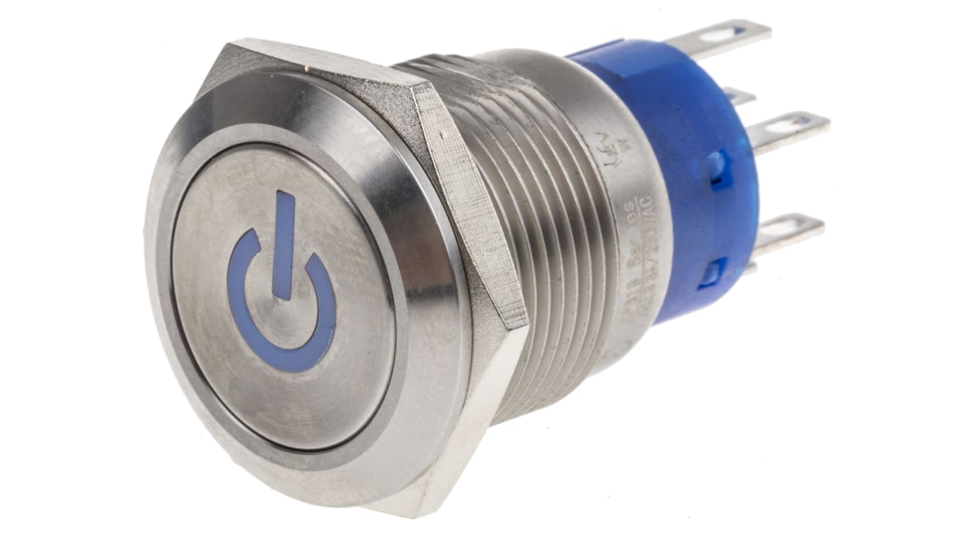 RS PRO Illuminated Push Button Switch, Latching, Panel Mount, 19mm Cutout, DPDT, White LED, 250V ac, IP67