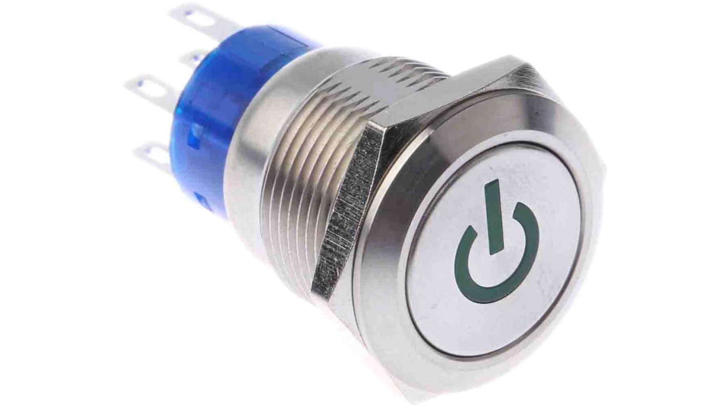 RS PRO Illuminated Push Button Switch, Latching, Panel Mount, 19mm Cutout, DPDT, Green LED, 250V ac, IP67