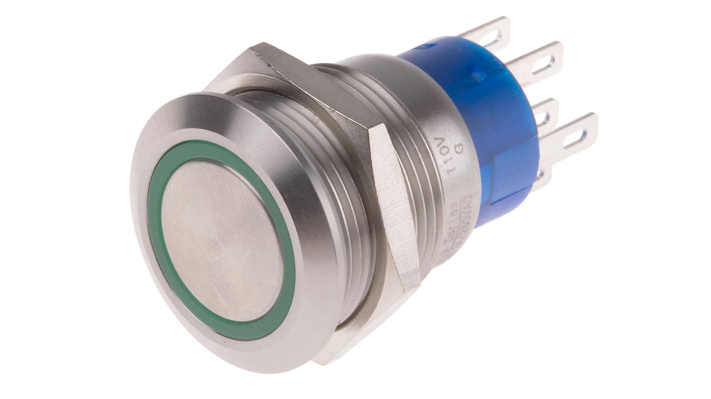 RS PRO Illuminated Push Button Switch, Momentary, Panel Mount, 19.2mm Cutout, DPDT, Green LED, 110V, IP67
