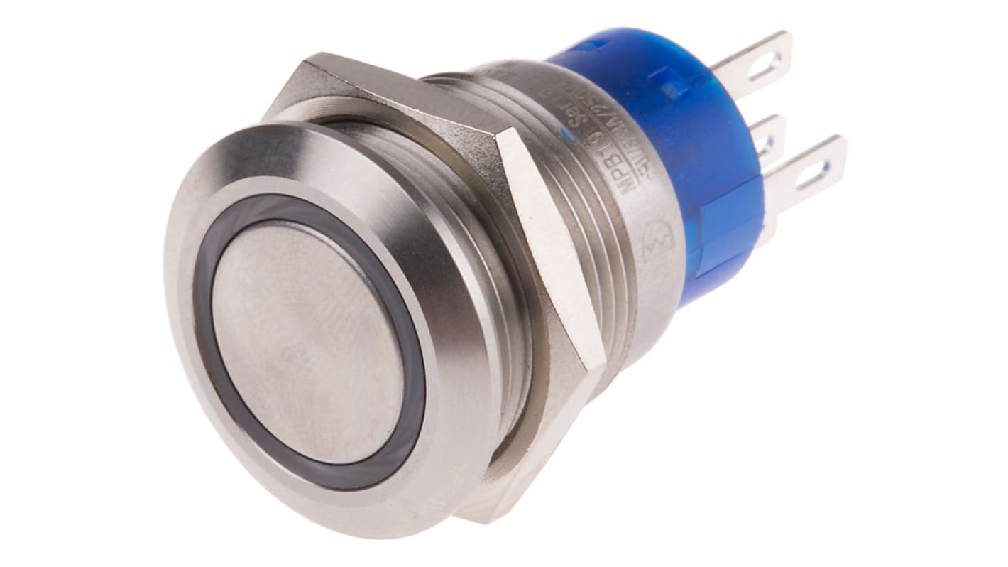RS PRO Illuminated Push Button Switch, Momentary, Panel Mount, 19.2mm Cutout, SPDT, White LED, 250V ac, IP67