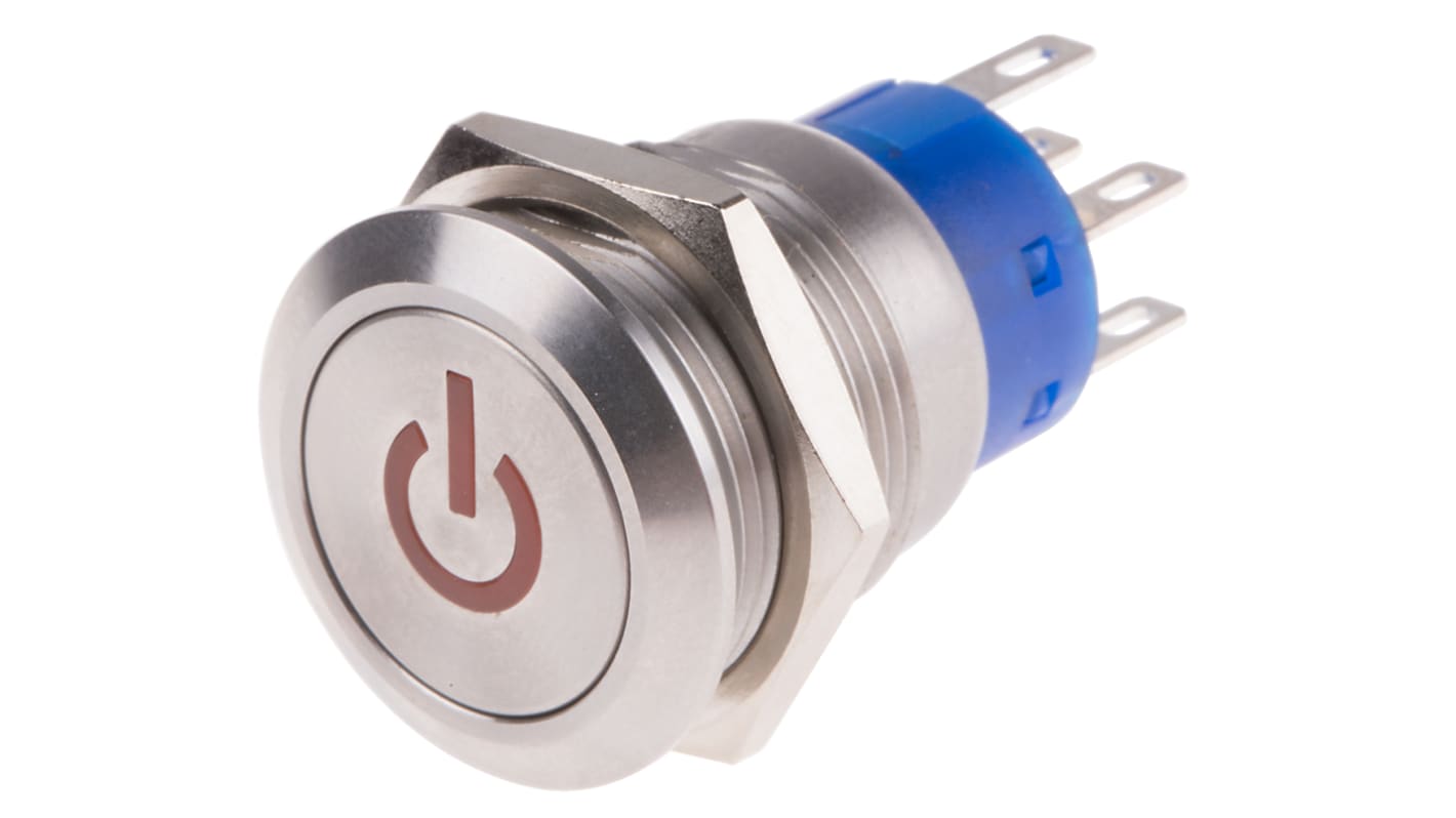 RS PRO Illuminated Push Button Switch, Momentary, Panel Mount, 19mm Cutout, DPDT, Red LED, 250V ac, IP67