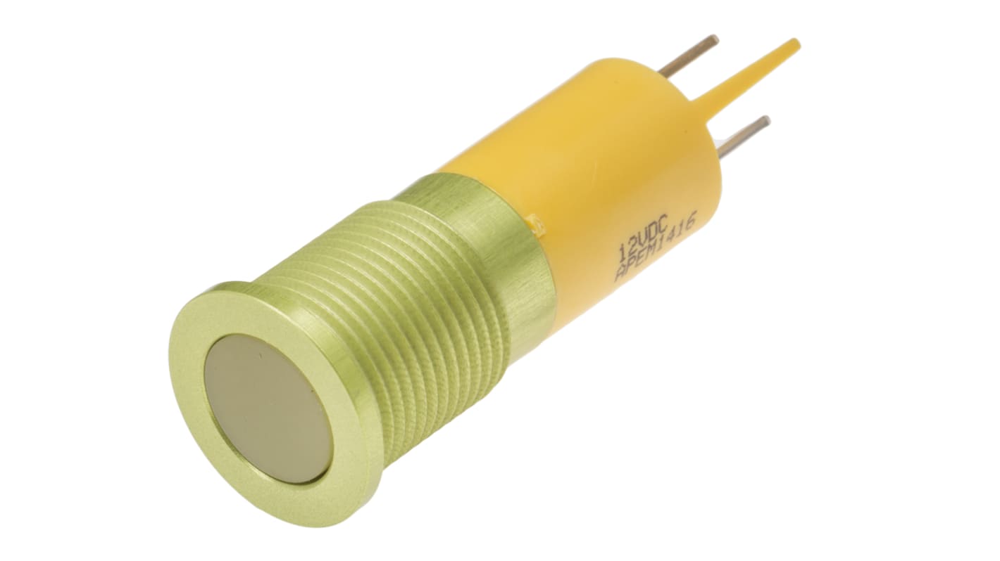 RS PRO Yellow Indicator, 12V dc, 14mm Mounting Hole Size, Faston, Solder Lug Termination, IP67