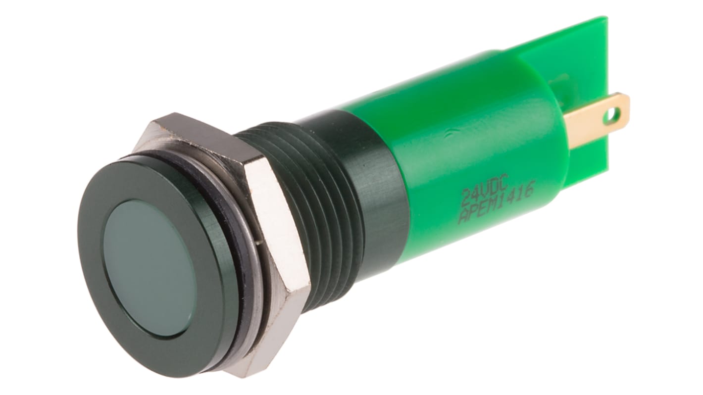 Indicatore da pannello RS PRO Verde  a LED, 24V cc, IP67, A filo, foro da 14mm