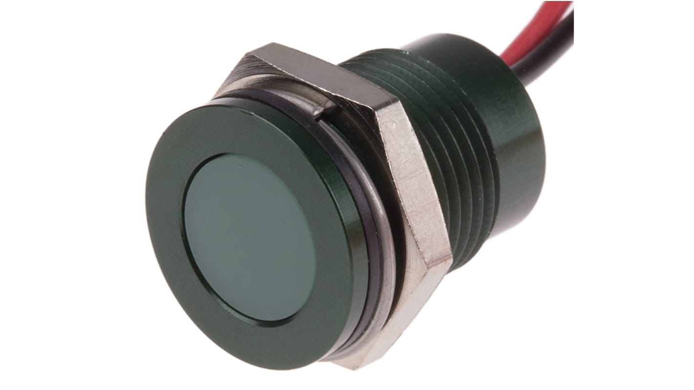 RS PRO Green Panel Mount Indicator, 12V dc, 14mm Mounting Hole Size, Lead Wires Termination, IP67