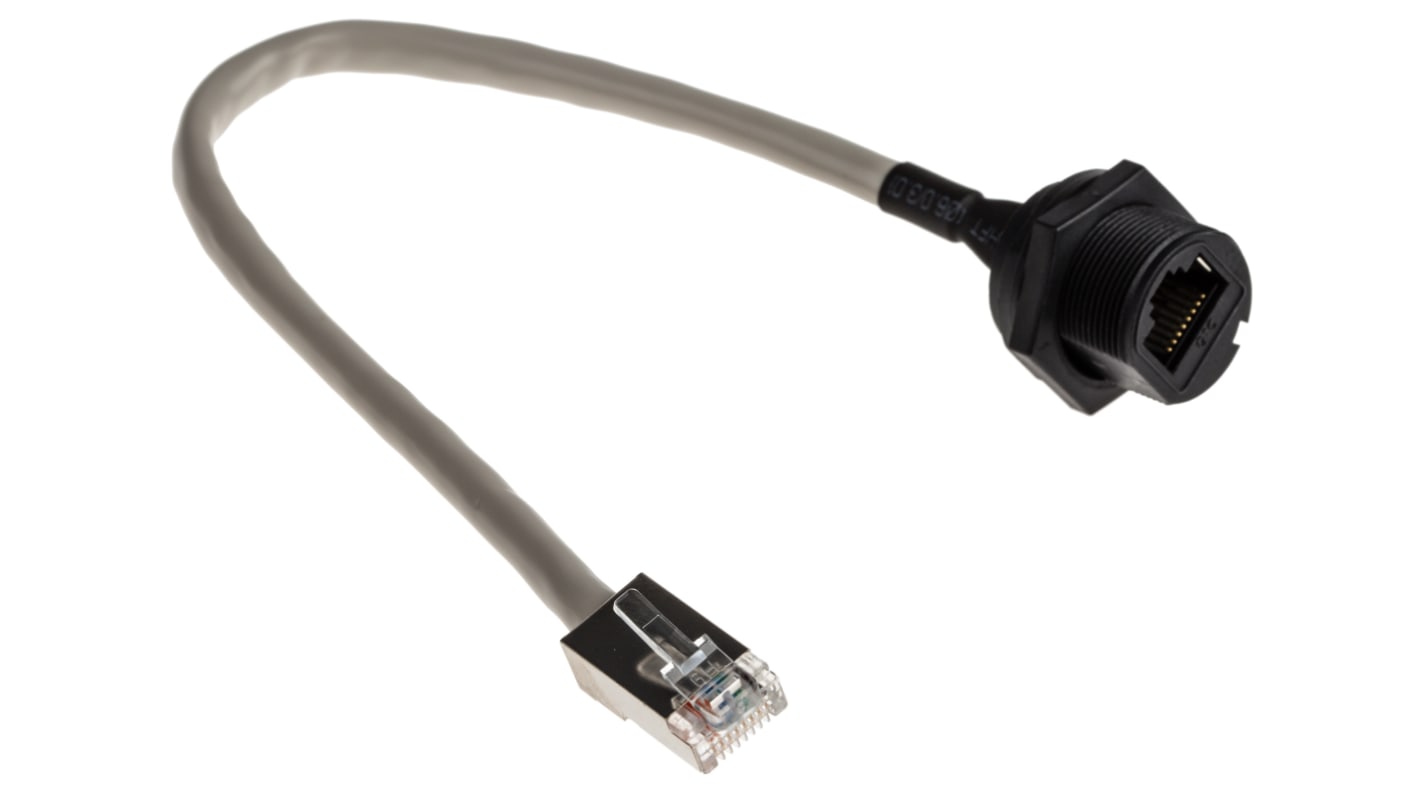 RS PRO, 200mm Cat5e, Grey RJ45 to Male RJ45 Female, STP Shielded, Terminated PVC Sheath