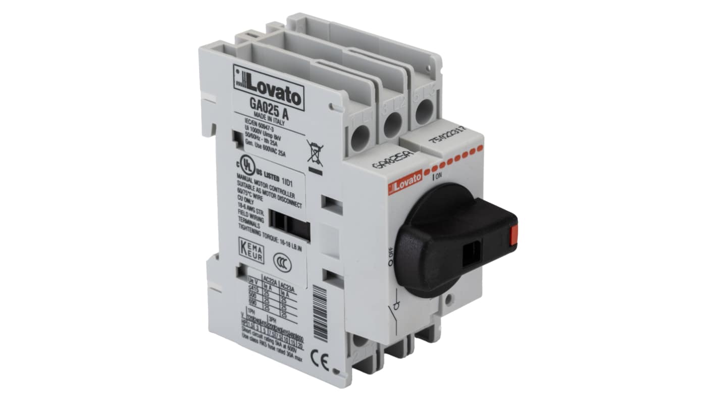 Lovato 3P Pole Isolator Switch - 25A Maximum Current, 22kW Power Rating, IP65