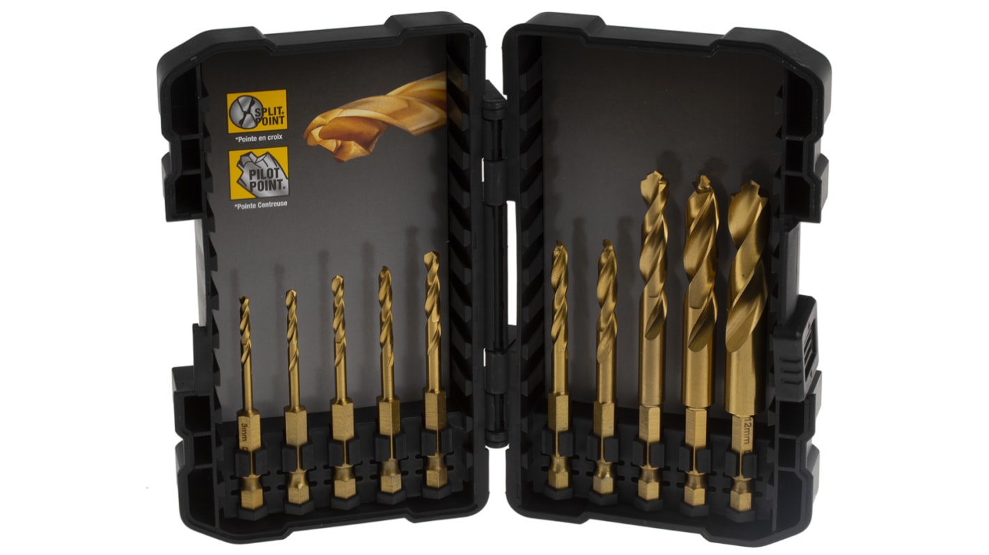 DT50050 QZ DeWALT 10 Piece Twist Drill Bit Set for Multi Material 12mm Max 3mm Min Titanium Bits RS
