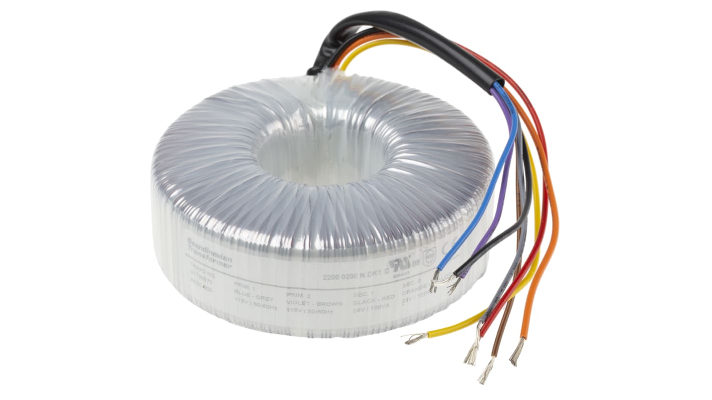 RS PRO 2 x 115V ac, 2 x 24V ac Toroidal Transformer, 200VA, IEC 61558-2-6