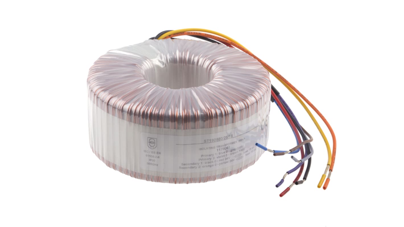 Transformador toroidal RS PRO, Tensión 2 x 24V ac, Potencia 250VA, 2 salidas, Montaje superficial