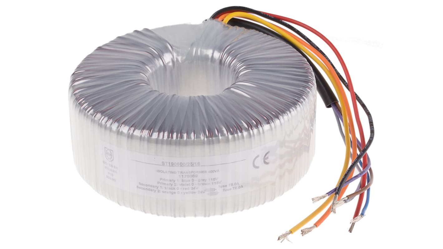 Transformador toroidal RS PRO, Tensión 2 x 24V ac, Potencia 400VA, 2 salidas, Montaje superficial