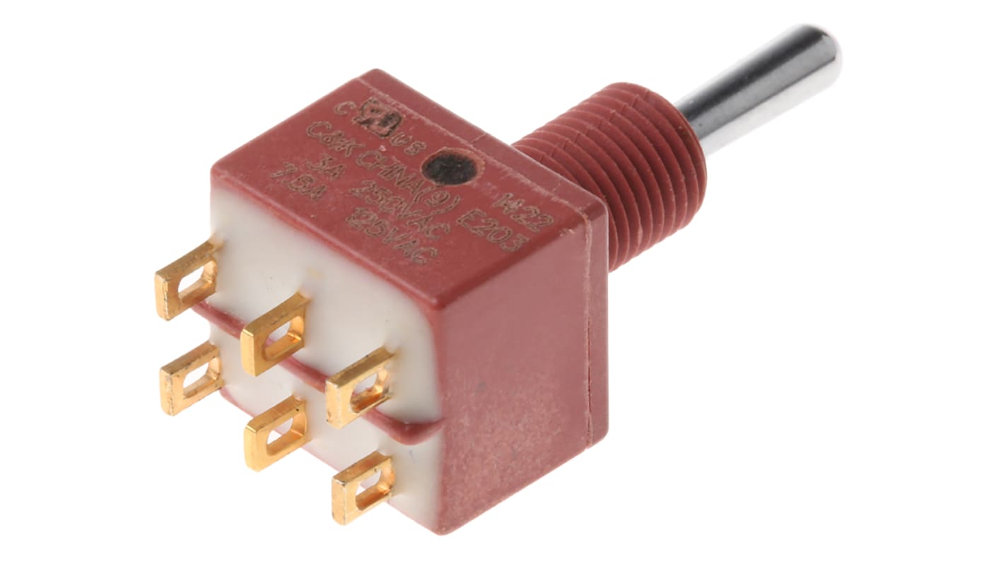 C & K トグルスイッチ, On-Off-On, DPDT, 7.5 A @ 28 V dc, パネルマウント