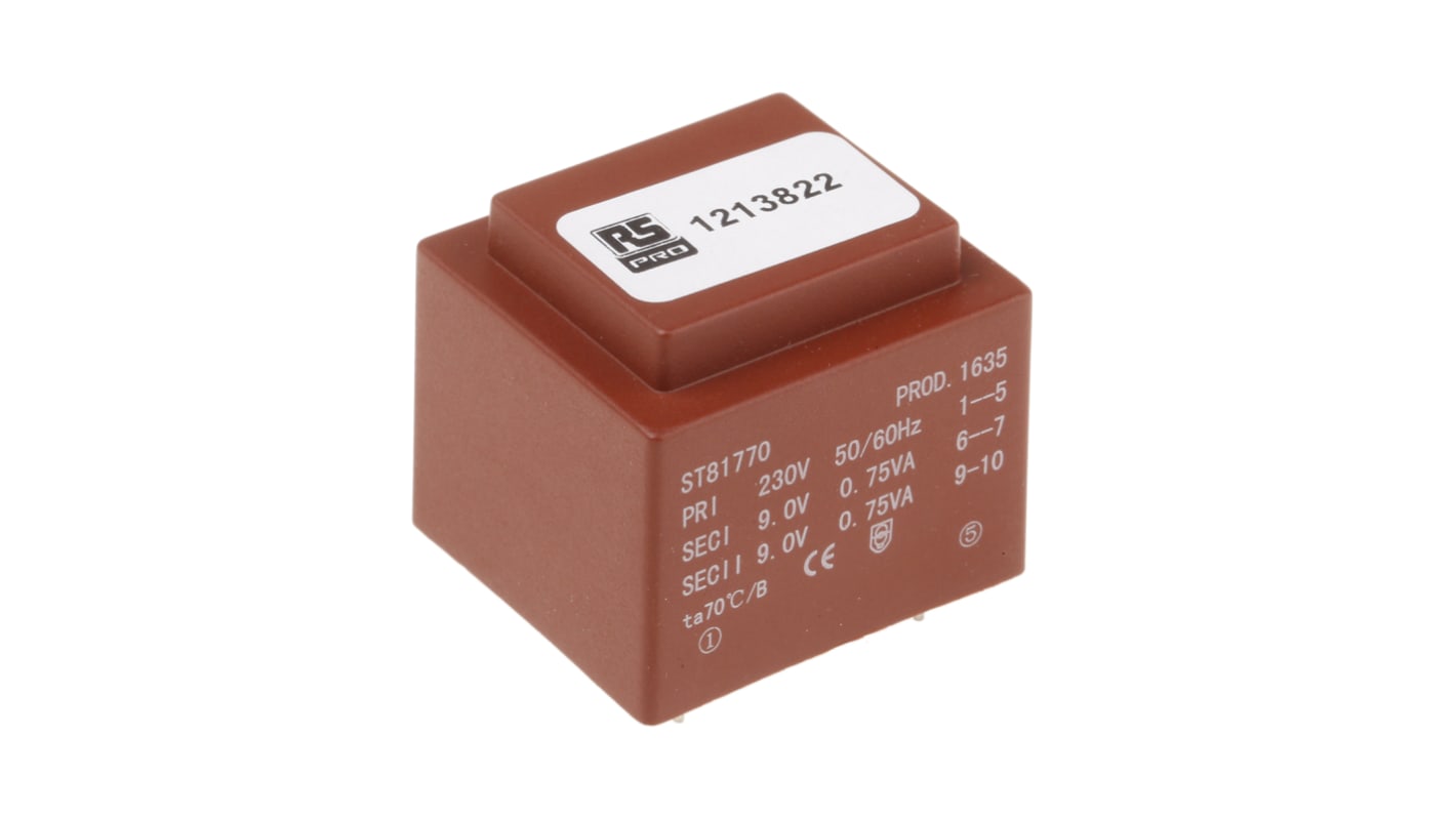 RS PRO 基板実装用トランス 一次側：230V ac 二次側：2 x 9V ac 定格電力：1.5VA 出力数：2