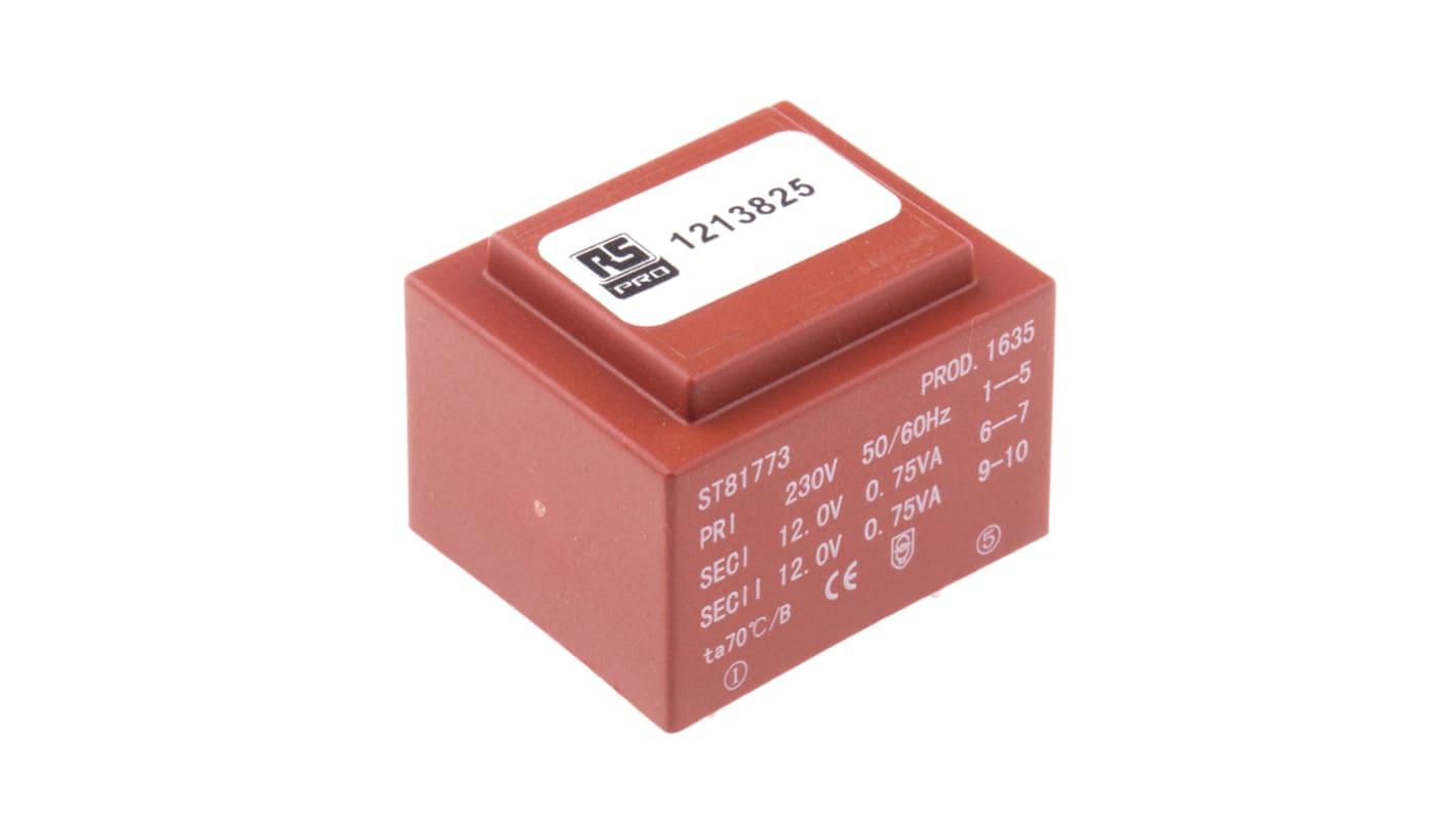 RS PRO 2 x 12V ac 2 Output PCB Mount PCB Transformer, 1.5VA