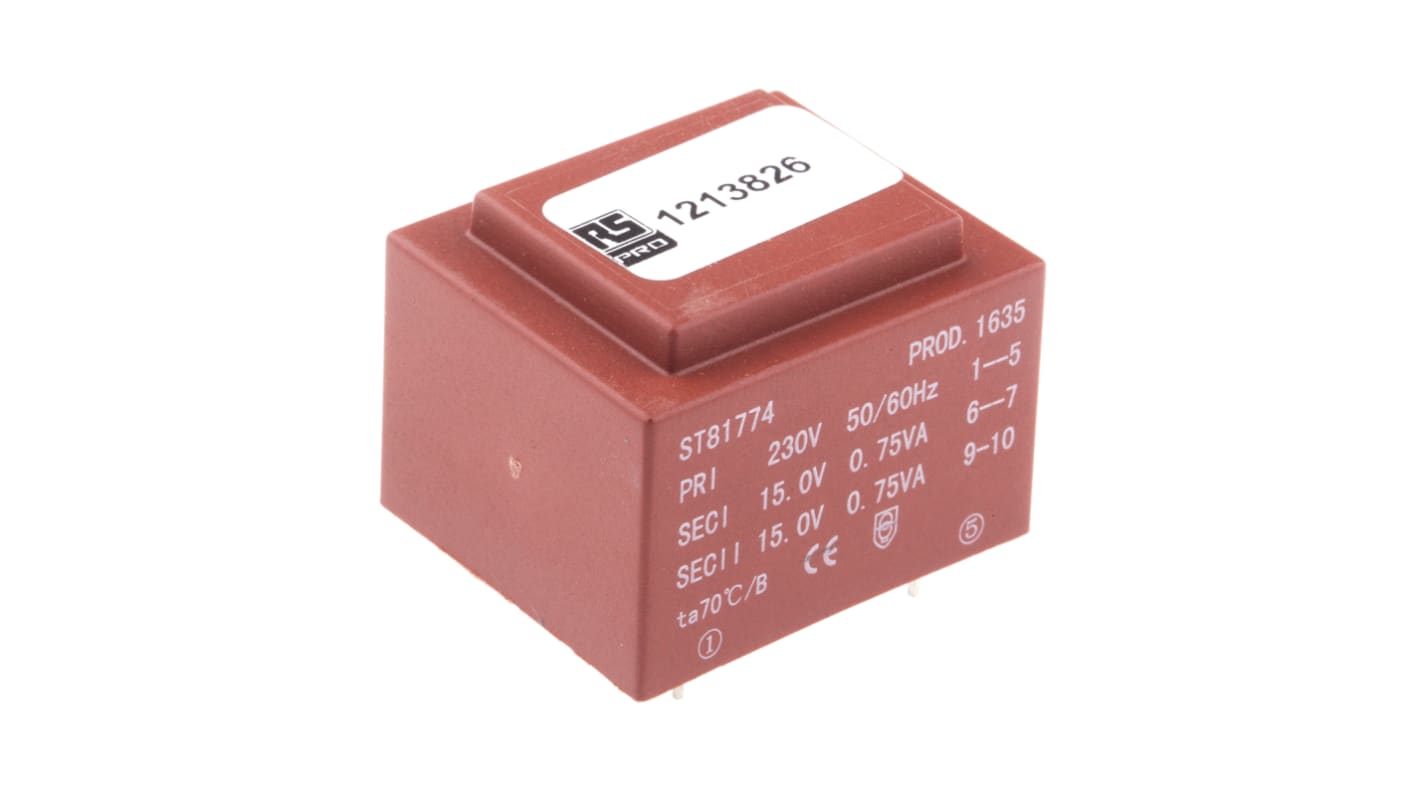 RS PRO 2 x 15V ac 2 Output PCB Mount PCB Transformer, 1.5VA